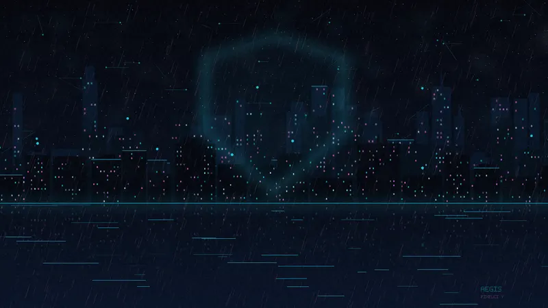 Neon-lit pixel skyline, cyan and magenta.