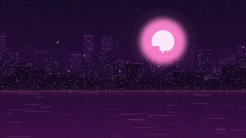 Violet skyline beneath a glowing moon.