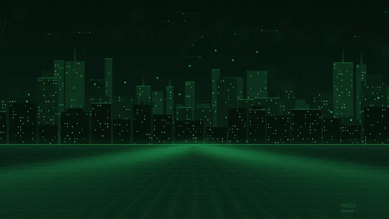 Phosphor-green city with scanlines.