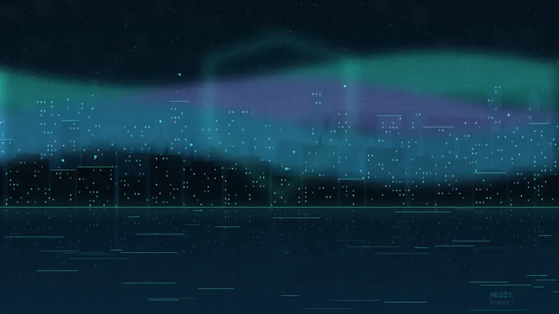 Teal and indigo aurora above skyline.