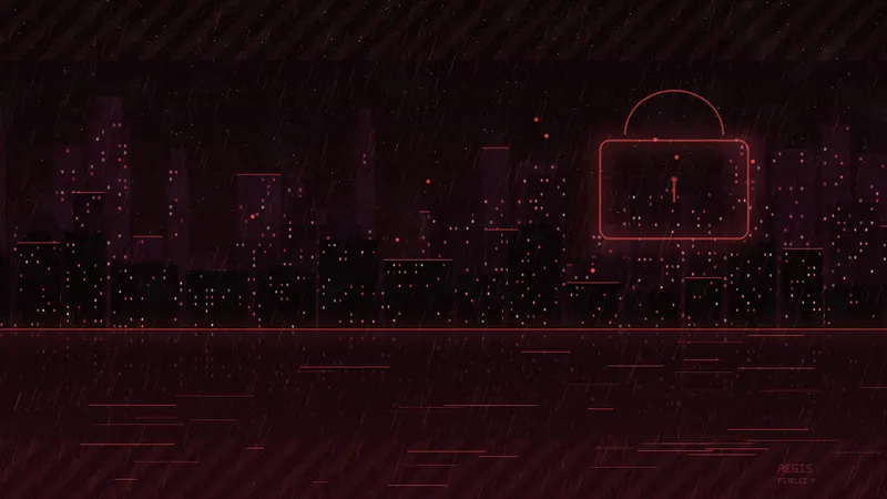 Dark red skyline with lock motif.
